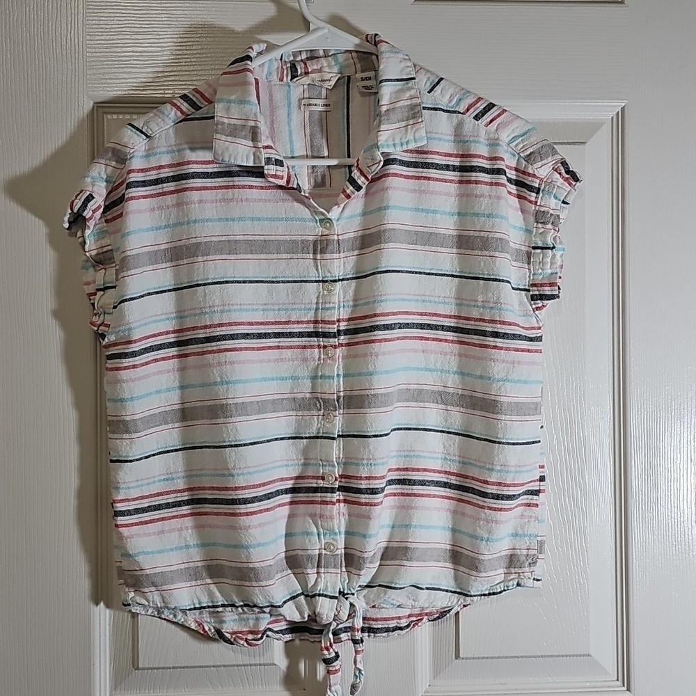 Weatherproof Vintage Washable Linen Tie Front Striped Top Rio Red Size Small